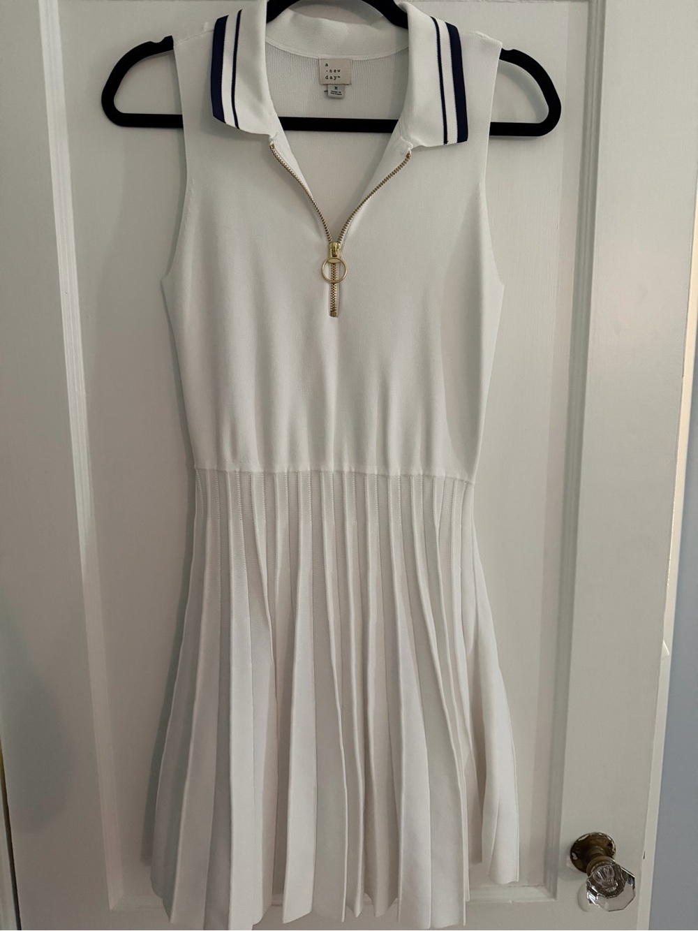 a new day White Sleeveless Pleated Polo Dress with Navy Trim and Gold Zip